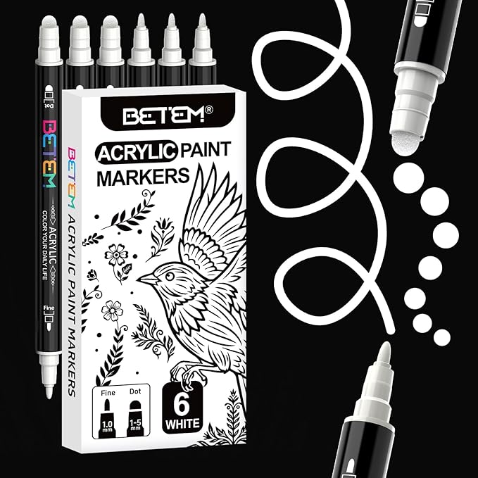 Betem 6 White Dual Tip Acrylic Paint Pens Markers, Fabric Decorating Kits Premium Water-Based Acrylic Paint Markers for Fabric, Rock, Wood, Glass, Eggs, Canvas, Ceramic, Easter Basket Stuffers