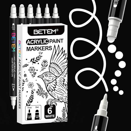 Betem 6 White Dual Tip Acrylic Paint Pens Markers, Fabric Decorating Kits Premium Water-Based Acrylic Paint Markers for Fabric, Rock, Wood, Glass, Eggs, Canvas, Ceramic, Easter Basket Stuffers