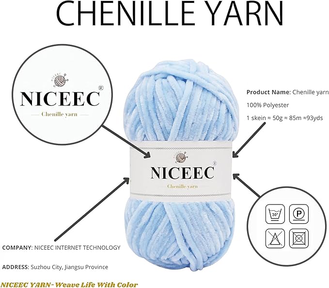 NICEEC 3 Skeins Soft Chenille Yarn Blanket Yarn for Knitting Fancy Yarn for Crochet Weaving DIY Craft Total Length 3×85m (3×93yds, 3×50g)_Light Blue