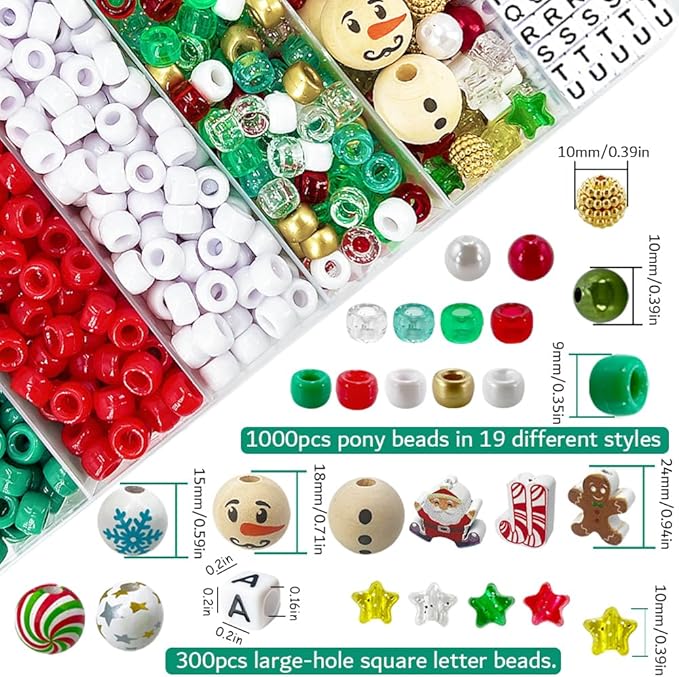 MIIIM 1300 Pcs Christmas Pony Beads Kit for Friendship Bracelet, 20 Styles Kandi Bracelet Kit in Box with Individual Compartments, Hair Beads for Braids, Letters (Christmas)