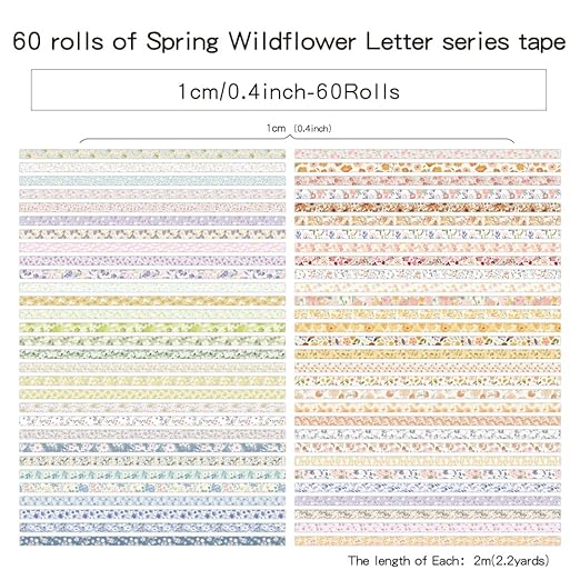 60 Rolls Flowers Theme Washi Tape Set with Different Colorful Patterns, Writable Decorative Tapes for Scrapbooking, Junk Journal Supplies, Bullet Journaling, 0.39'' x 79'' per Roll