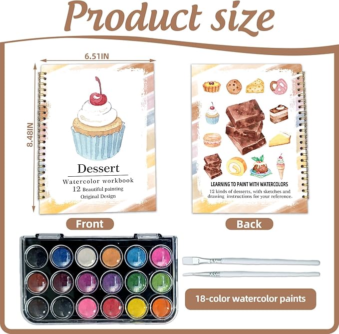 Watercolor Workbook, Water Coloring Book, 12 Different Patterns of Original DIY Designs, 18 Colors Watercolor Paint Set, Beginner-Friendly Watercolor Workbooks (Dessert), Perfect Gifts for Adults