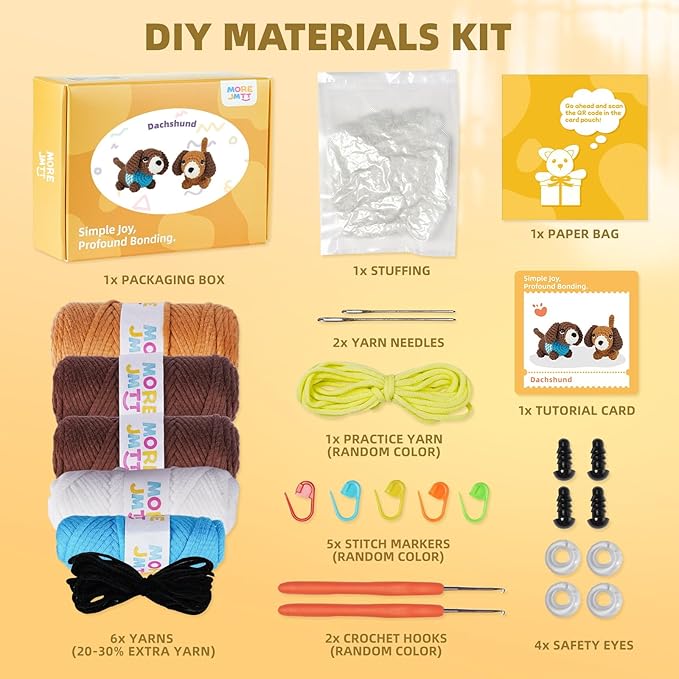 MOREJMTT Crochet Kit for Beginners, Learn to Crochet, Include Easy Knitting Soft Yarn, Step-by-Step Video Tutorial, Hook, Holiday Birthday Gift for Adults (Sausage Dog)