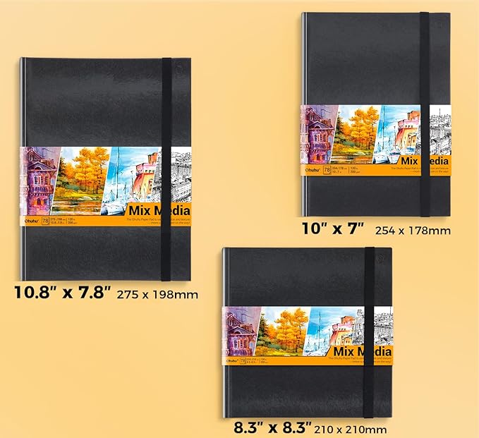 Ohuhu Mix Media Pad - 10.8" x 7.8" Mixed Media Art Sketchbook, 120 llb/200 gsm Heavyweight Papers, 78 Sheets/156 Pages, PU Hardcover Mixed Media Paper Pad for Acrylic Painting Christmas Gift
