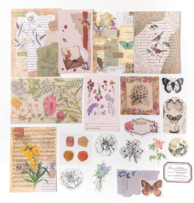 Alideco 260pcs Vintage Scrapbook Stickers Scrapbooking Paper Washi Junk Journaling Supplies Collage Album Aesthetic Cottagecore Picture Frames(Flowers Butterfly)