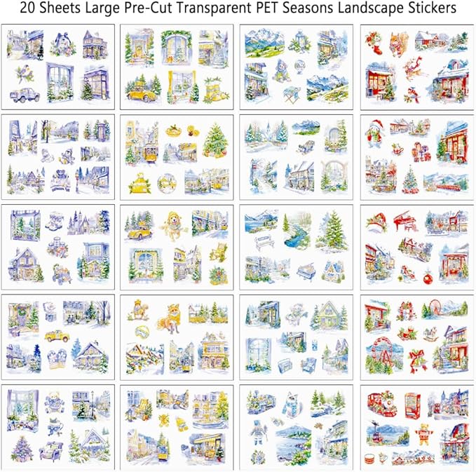 Transparent PET Winter Landscape Sticker Book for Journaling, 20 Sheets Large Pre-Cut Scenery Stickers for Scrapbooking Supplies, Collage Decorative, 9.25 x 6.58 inches