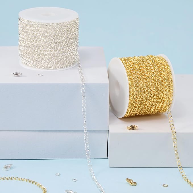 Kyutong 2 Rolls Gold and Silver Extender Chain for Jewelry Making 3MM Wide Curb Links Stainless Steel Necklace Chains Spool on Bulk with Lobster Clasps Jump Rings Jewelry Supplies for Crafts DIY