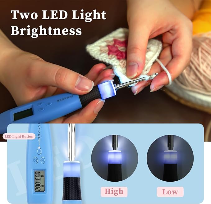 inmaker light up crochet hooks ergonomic soft grip, large counting crochet hook set digital, lighted crochet needles kit with case