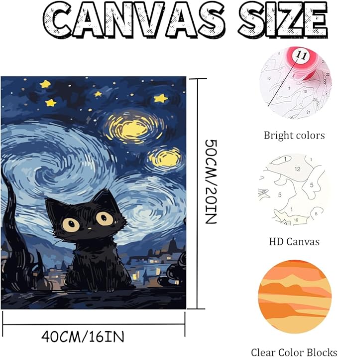 Mosaflare Paint by Numbers for Adults Beginner, Black Cat Adult Paint by Number Kits on Canvas, DIY Starry Night Acrylic Oil Easy Painting by Numbers for Home Wall Decor 16X20 inch (Without Frame)