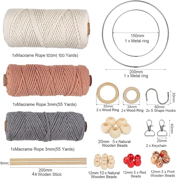 UHAPEER Macrame Kits for Adults Beginners with 656 Feet 3 mm Macrame Cotton Cord, DIY Macrame Plant Hanger Kit with Macrame Supplies and Instructions, Macrame Meads, Wooden Rings, Dream Catcher Rings