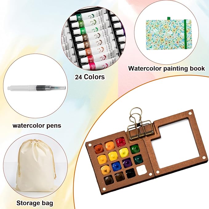 Mini Watercolor Paint Set, Pocket Watercolor Set with 24 Colors Paint, Portable Watercolor Travel Kit for Artists, Beginners & Outdoor Painting, Compact Wooden Palette & Sketchbook in Storage Bag