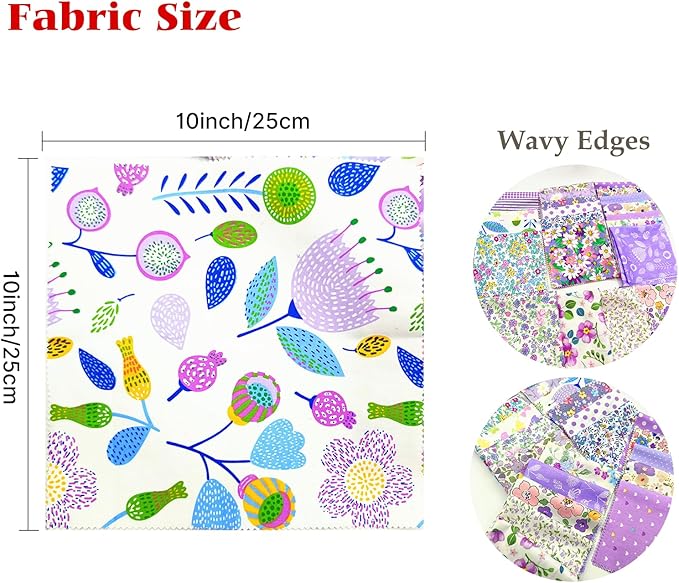 22Pcs 10" Purple Cotton Fabric Squares No Repeat Floral Charm Pack,Precut Quilt Fabric with Wavy Edges,Sewing Craft Swatches