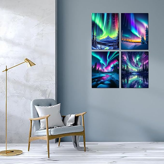 Muzagroo Art 5D Diamond Painting Kits for Adults, Aurora Diamond Art Kits for Beginners, DIY Landscape Diamond Dot Kits Gem Arts and Crafts for Living Room, Gem Painting Living Room 4 PCS Wall Art