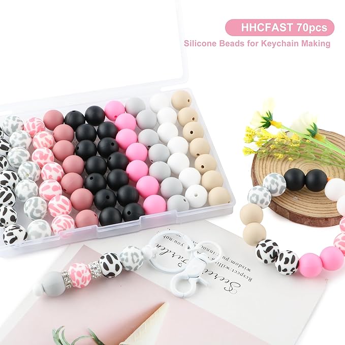 70Pcs Print Silicone Beads for Keychain Making,Round 15mm Silicone Beads for Pens, Necklace and Bracelets Making（Cow Print）