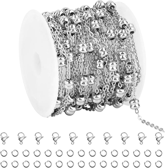 Kyutong 16.4 Feet Silver Stainless Steel Necklace Chain Spool Irregular Beaded Chains for Jewelry Making with Jump Rings Lobster Clasps Supplies for Crafting
