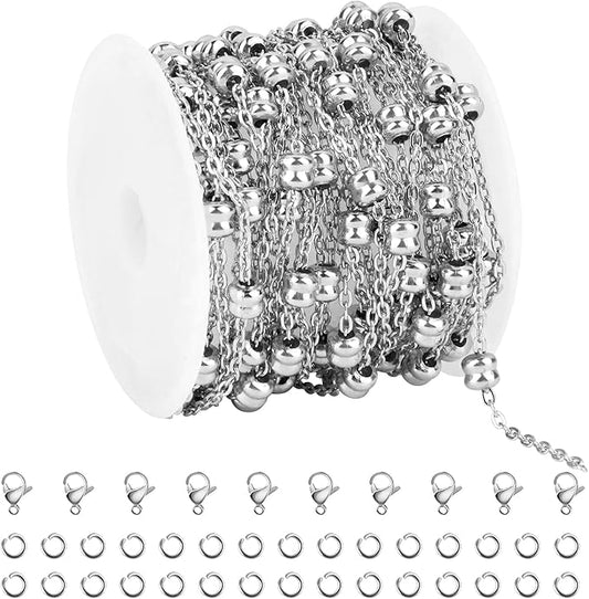 Kyutong 16.4 Feet Silver Stainless Steel Necklace Chain Spool Irregular Beaded Chains for Jewelry Making with Jump Rings Lobster Clasps Supplies for Crafting