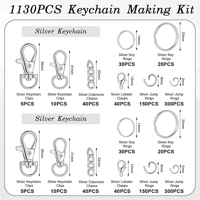 BESARME 1130PCS Keychain Making Kit Jump Rings for Jewelry DIY Key Chain Supplies with Keyrings Bulk, Metal Lobster Claw Clasp, Swivel Snap Hook, Extender Chain for Crafts Accessories（Silver）