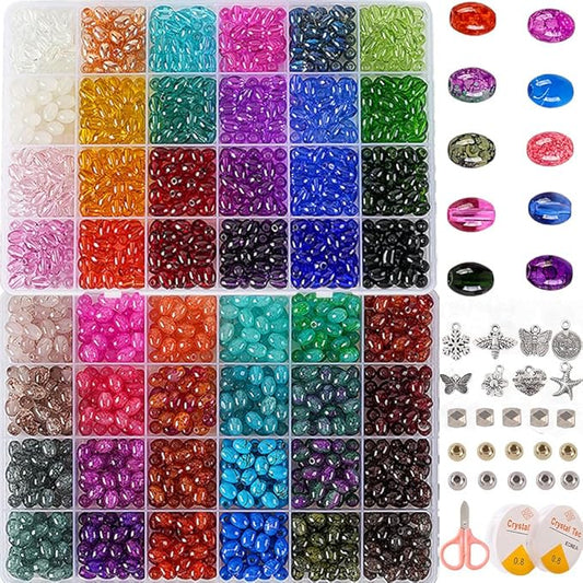 6x8mm Oval Glass Beads Kit - 1500+ Pcs Rice Beads for Jewelry Making, Bracelets, Necklaces DIY - Assorted Colors, Bead Bracelet Kit,Gifts for Teen Girls Crafts for Girls Ages 8-12