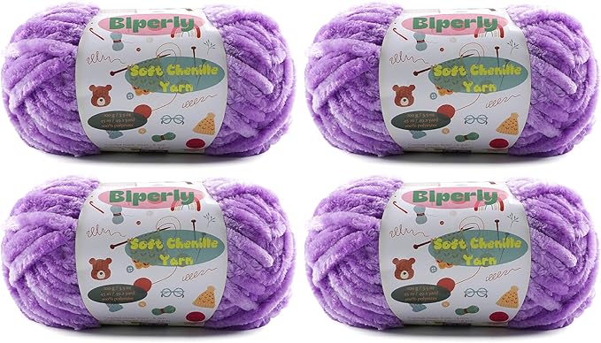 4 * 100g Velvet Chenille Chunky Yarn for Crocheting - 49.2yds per Skein Plush Fluffy Yarn - Easy to Use for Baby Blankets, Knitting Creations & DIY Crafts (4, Purple)