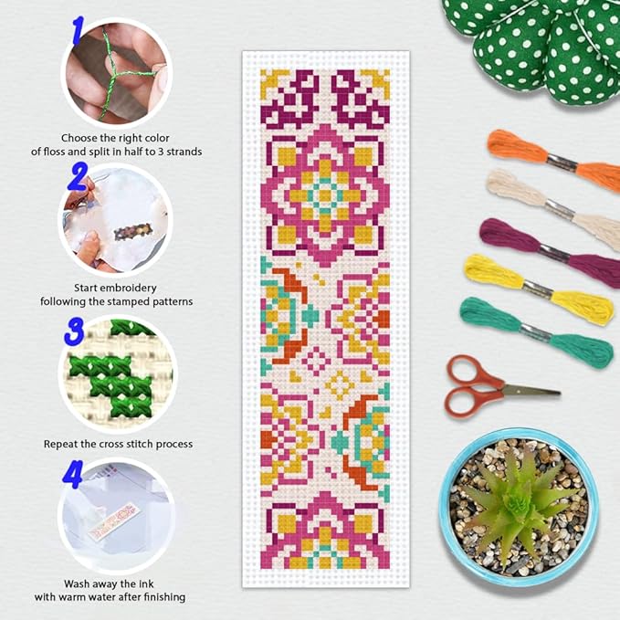 BEUNITONE 6 Pcs Mandala Cross Stitch Bookmark Kits for Beginners DIY Stamped Embroidery Bookmark Kit Colorful Floral Punch Needle Set with Instructions Craft Kit for Book Lover Gifts 8''x2.4''
