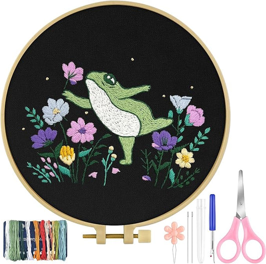 TINDTOP Embroidery Kit for Beginners Adult, Frog Embroidery Kit for Beginners Include Embroidery Cloth Hoops Threads for Craft Lover Hand Stitch with Embroidery Skill Techniques