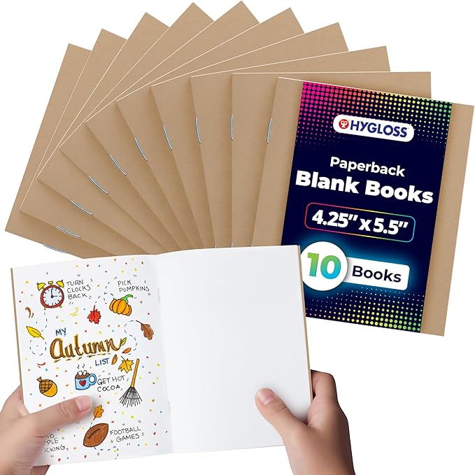 hygloss blank books - bulk 10 pack – 4.25" x 5.5" a6 kraft paperback blank books for kids to write stories, doodle, arts & crafts – plain drawing sketchbook, unlined journal, notebook without lines