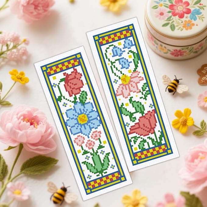 ORIGACH 6 Set Medieval Garden Flower Cross Stitch Bookmark Kit for Beginner with Backing Felt Floss Instructions DIY Stamped Embroidery Bookmark Kit for Adults, Book Lovers