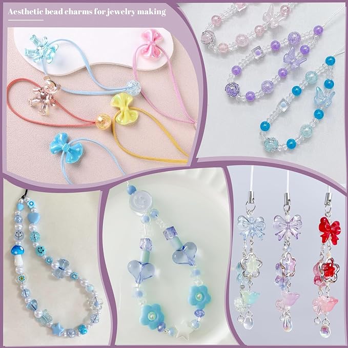 200-260pcs tinkrstuff assorted blue acrylic beads for bracelet making, cute beads for jewelry making flower bow butterfly candy gummybear aesthetic bracelet charms, diy necklace keychain phone charm