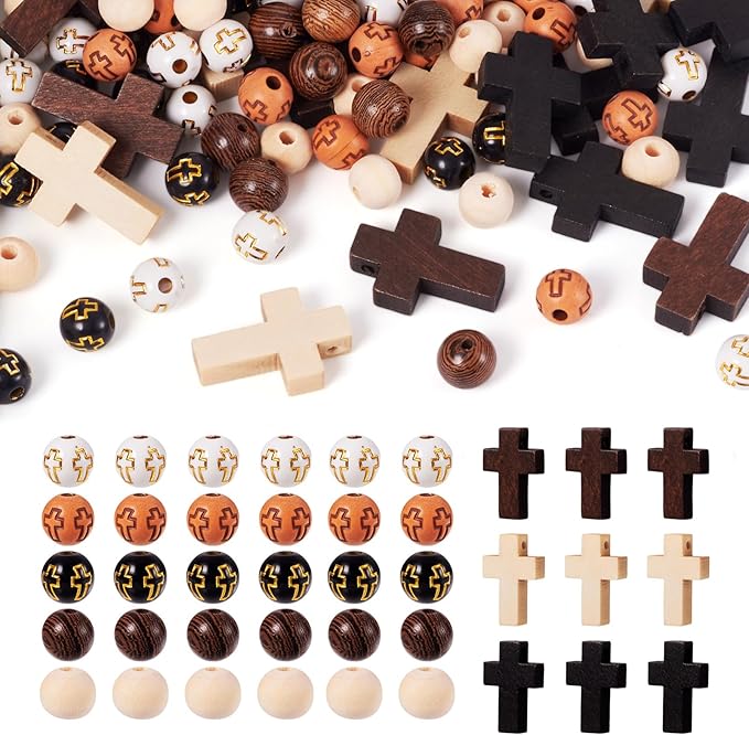 Beadthoven 211pcs/Box Rosary Making Kit, Wood Cross Beads 8mm Acrylic Cross Round Beads Spacers Easter Crucifix Cross Charms for Bracelet Jewelry Making Kit DIY Crafts