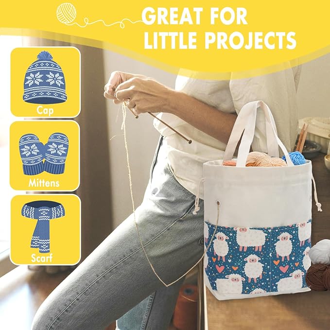 Crochet Bag, Handy Knitting Project Yarn Bag, Crochet Accessories Yarn Storage Organizer, Knitting Bags and Totes for Crocheting on The Go, 12.5x13x5'' (Green Sheep, Small)