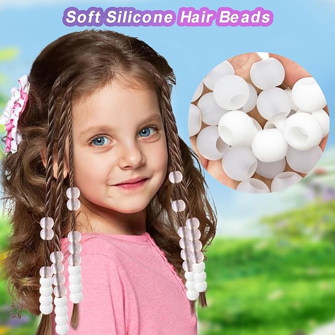120Pcs 14mm Large Silicone Beads for Hair Braids, Soft Jellyish Hair Beads with 7mm Hole + 50 Rubber Bands and 1 Beader for Braiding, DIY Bracelets Necklaces Crafts(Transparent)