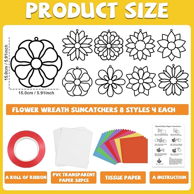 Lonfliness 32 Sets Spring Lotus Suncatchers Craft Kit DIY Window Stained Glass Effect Colorful Lotus Paper Crafts Home School Classroom Decoration Birthday Gift Creative Art Project & Activity Game