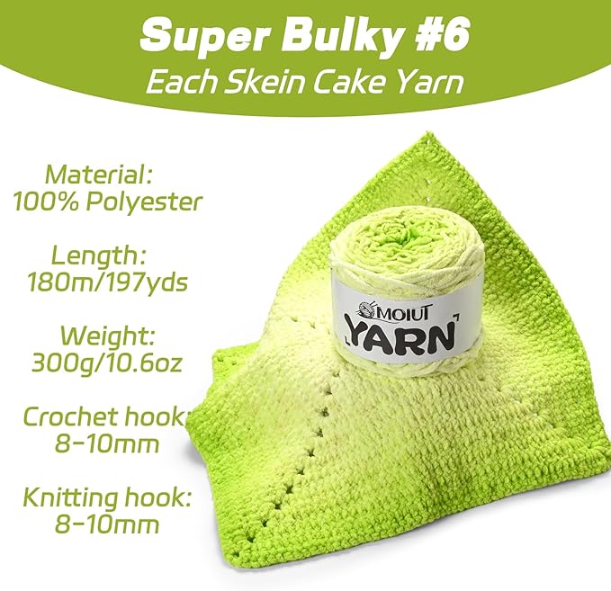 Blanket Perfect Ombre Cake Yarn - Baby Yarn for Crocheting Soft - 3 Pack of 10.6oz/300g - #6 Super Bulky - 197 Yards for Knitting, Crafts & Amigurumi, Chunky Chenille Yarn(3 Lime Green)