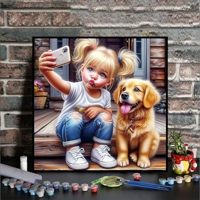 Axquilon Paint by Numbers Kit for Adults Beginner-Girl and Dog Adult Paint by Number Kits on Canvas, Easy Adults' Paint-by-Number Kits Oil Painting Craft Supplies for Gift Home Wall Decor 16x16in