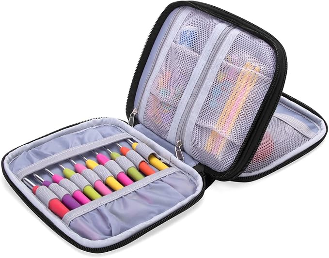 Damero Crochet Hook Case, Organizer Zipper Bag with Web Pockets for Various Crochet Needles and Knitting Accessories, Well Made and Easy to Carry, Medium, Gray Dots (No Accessories Included)