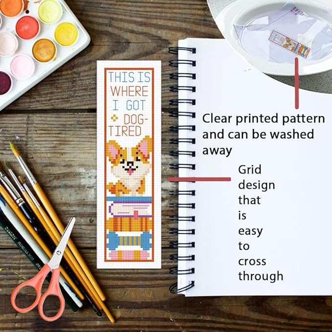 ORIGACH 6 Pcs Cross Stitch Bookmark Kit for Beginner Adults, Cute Animals and Books Stamped Embroidery Bookmark Kit with Instruction for Starters Printed Cross Stitch DIY Kits for Book Lovers