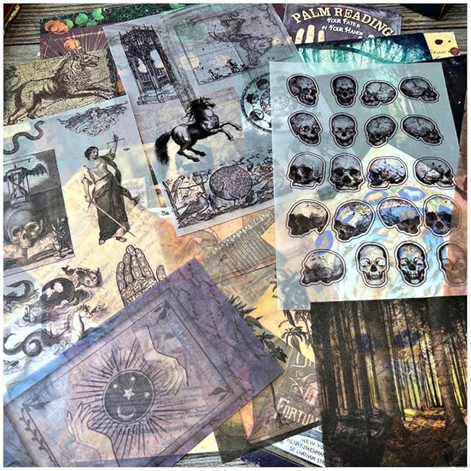 Dark Academia Junk Journal Supplies, Vintage Skull Decoupage Paper for Scrapbook Kit, 45pcs Astrology Ephemera for Junk Journals, Mushroom Plant Materials for Room Decor Wall Collage Kit
