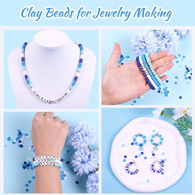 Wuollgess 3500 PCS Valentines Blue Clay Beads for Bracelet Making Kit, Polymer Heishi Beads for Jewelry Making Friendship Bracelet Kit for Adults, Spacer Letter Beads for Necklace Earring DIY