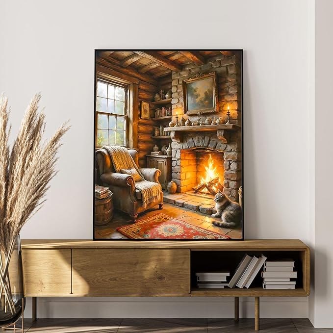 Okarina Paint by Numbers Kit for Adults Beginner Fireplace, Adult Paint by Number Kits on Canvas, Log Cabin DIY Acrylic Oil Painting by Numbers for Adults, Perfect for Home Wall Decor 16X20 Inch