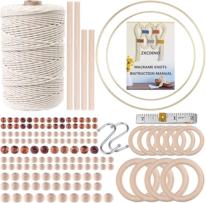 zxcdino 152pcs macrame kit for beginners: natural cotton macrame cord, wooden & metal rings, beads, sticks & hoops - perfect for macrame plant hangers & home decor