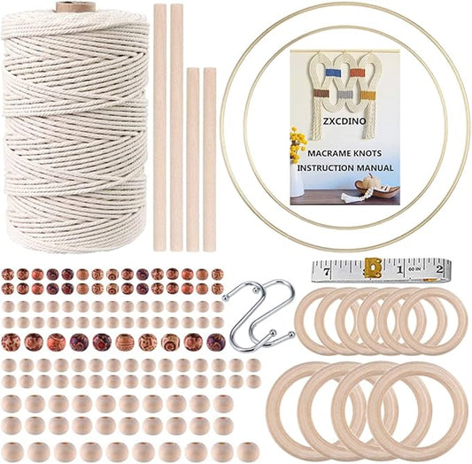 zxcdino 152pcs macrame kit for beginners: natural cotton macrame cord, wooden & metal rings, beads, sticks & hoops - perfect for macrame plant hangers & home decor