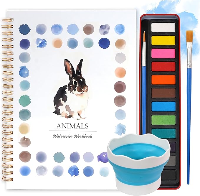 Watercolor Workbook for Beginners, Watercolor Coloring Books for Adults, Easy Water Coloring Book, Animal Water Color Paint Set Painting Kit with 1 Spiral Sketchbook, 12 Colors, 2 Brushes, 1 Bucket