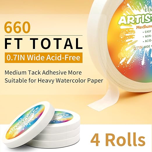 White Art Tape Medium Tack Artist Masking Tape Paper Acid Free Tape Watercolor Painters Tape Artists Tape for Drafting Art Watercolor Painting Canvas Framing, 0.7 inch Wide 660FT Long