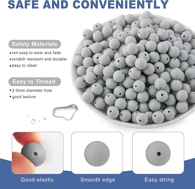 160Pcs 12mm Silicone Beads for Keychain Making Bracelet Necklace, Bulk Round Silicone Beads for Pens(Light Gray)