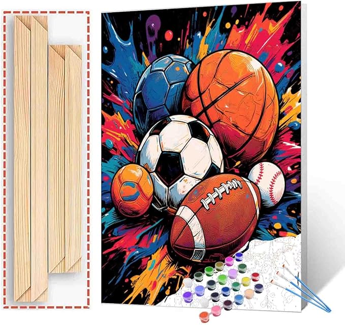 Sports Ball Digital Painting Kit-DIY Paint by Numbers for Adults,Vibrant Pop Art Style Paint by Numbers on Canvas,DIY Acrylic Painting for Home Wall Decoration 16X20 Inch(DIY Frame)