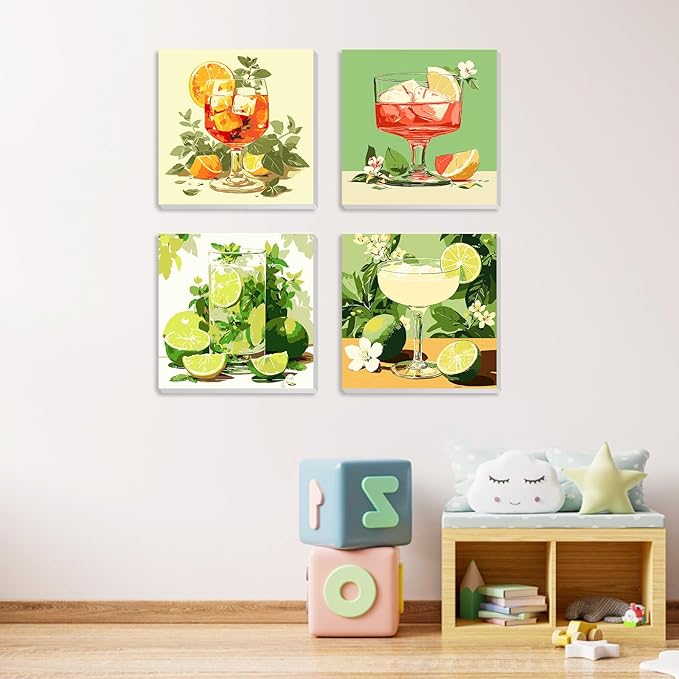 MXJSUA 4 Pack Cocktail Framed Paint by Numbers Kit with Canvas for Adults Beginner, DIY Acrylic Oil Painting Kits with Brushes for Home Wall Decor Gift (8x8 inch)