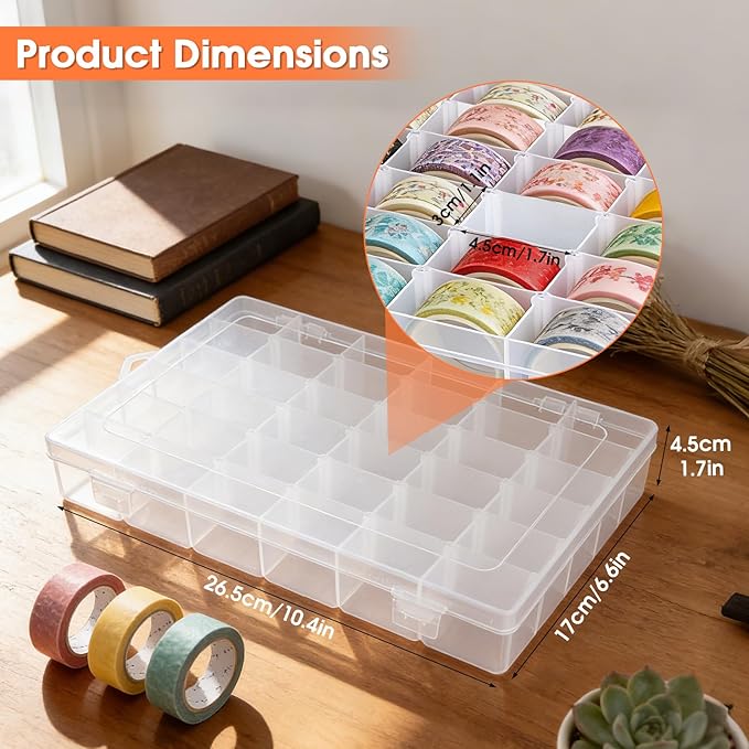 Washi Tape Organizer Box, 36 Grids Clear Plastic Box with Removable Dividers, Ideal for Washi Tape Storage and Carrying, Suitable for Storing Stationery, Jewelry, Beads, Art DIY Crafts, Art Supplies