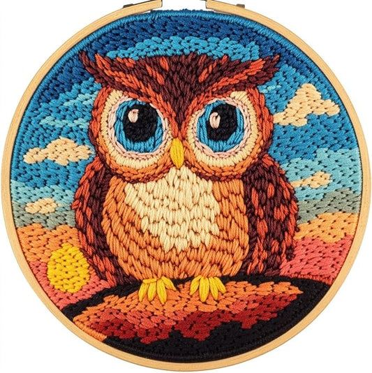 DIY Punch Needle Kits for Beginners Owl with Sunset with Hoop Punch Needle Starter Craft Embroidery Set Easy for Adults and Children Festival Gift and Decoration 20x20cm-1