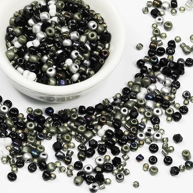 Bulk 4mm Black Seed Beads for Jewelry Making 110 Grams About 1600pcs,6/0 Glass Craft for Making Earrings, Bracelets, Pendants, Waist Jewelry, DIY Handmade Seed Beads（Black/White/Silver Mix）