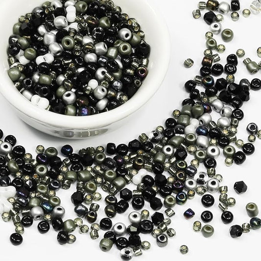 Bulk 4mm Black Seed Beads for Jewelry Making 110 Grams About 1600pcs,6/0 Glass Craft for Making Earrings, Bracelets, Pendants, Waist Jewelry, DIY Handmade Seed Beads（Black/White/Silver Mix）